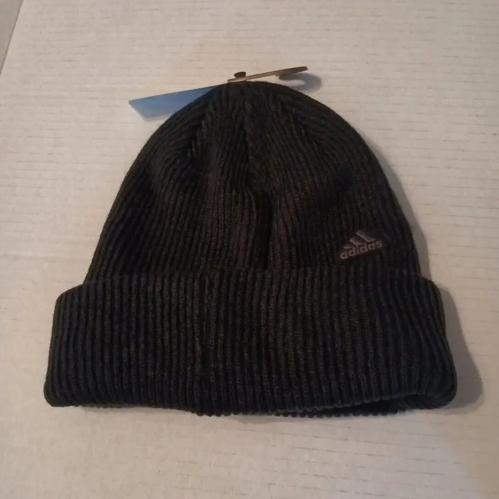 Adidas‎ Foundation 3 In Fold Beanie Mens Black White Logo Cuffed Ribbed Knit Cap